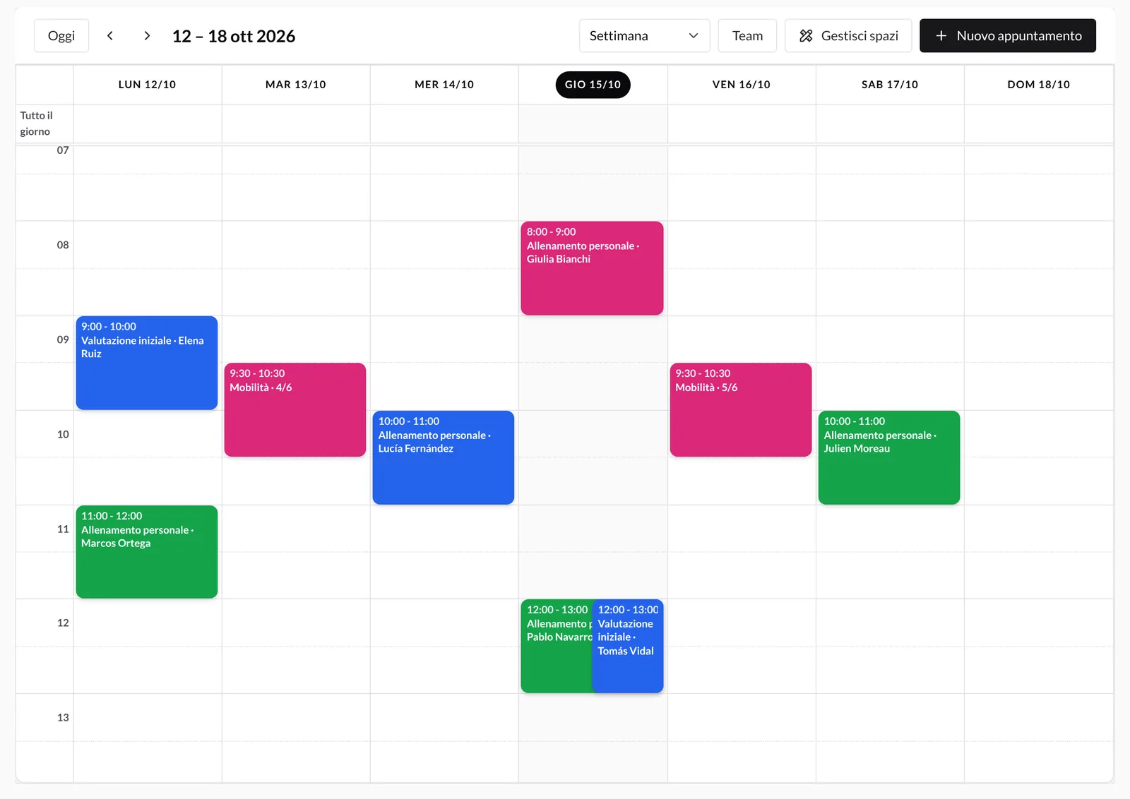 Calendario in vista Settimana con appuntamenti individuali e lezioni di gruppo distribuiti per ora