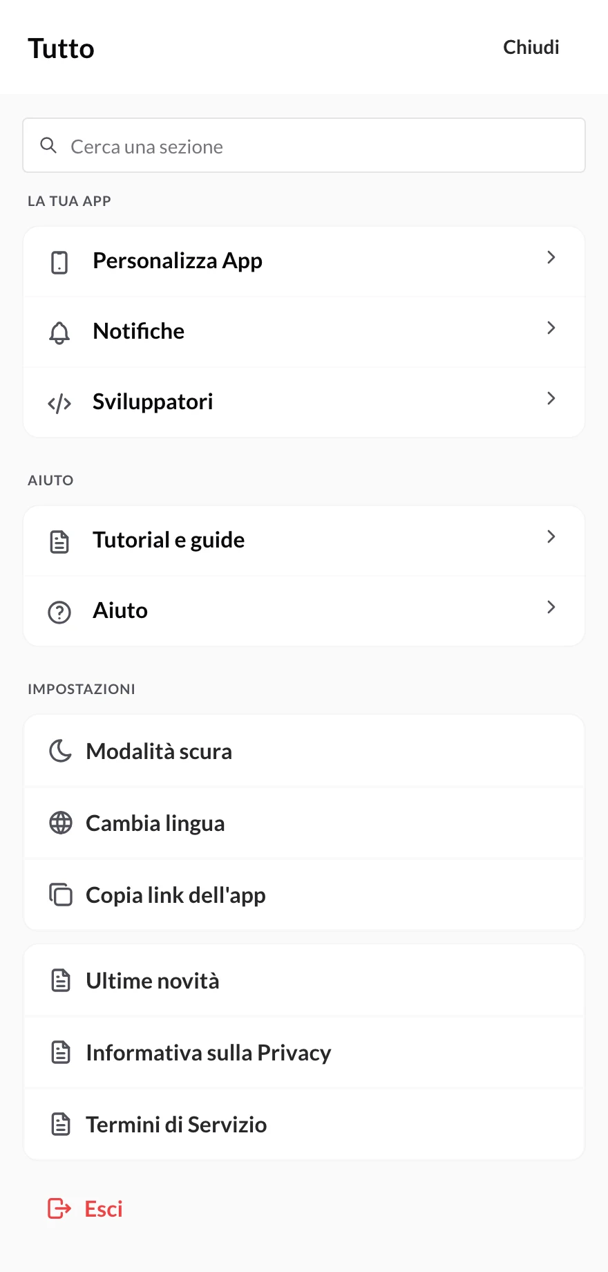 Foglio «Tutto» del cellulare con le sezioni dell'app, le impostazioni e, in fondo, «Esci» in rosso