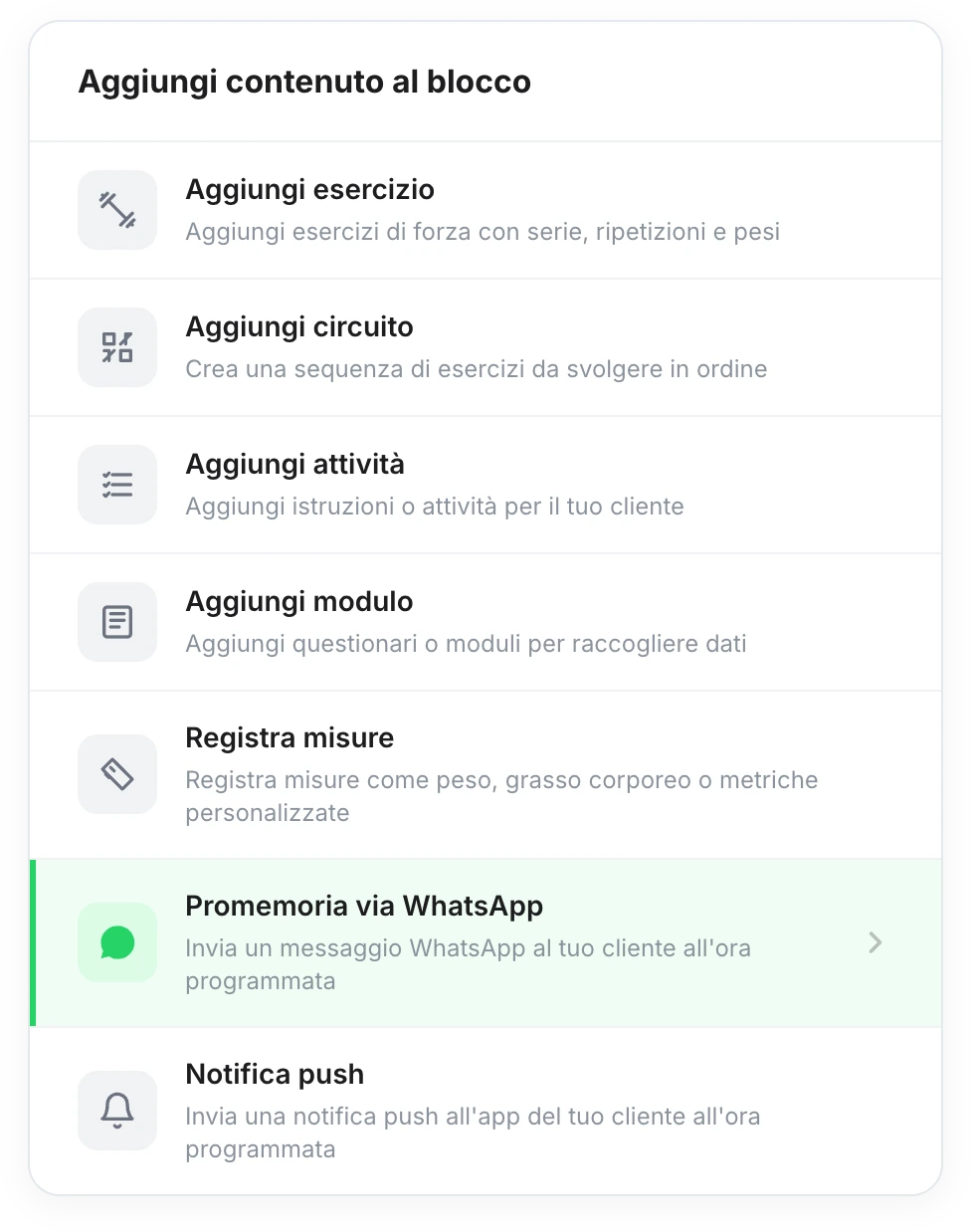 Pannello «Aggiungi contenuto al blocco» con l'opzione «Promemoria via WhatsApp» evidenziata, tra «Rilevare misure» e «Notifica push»