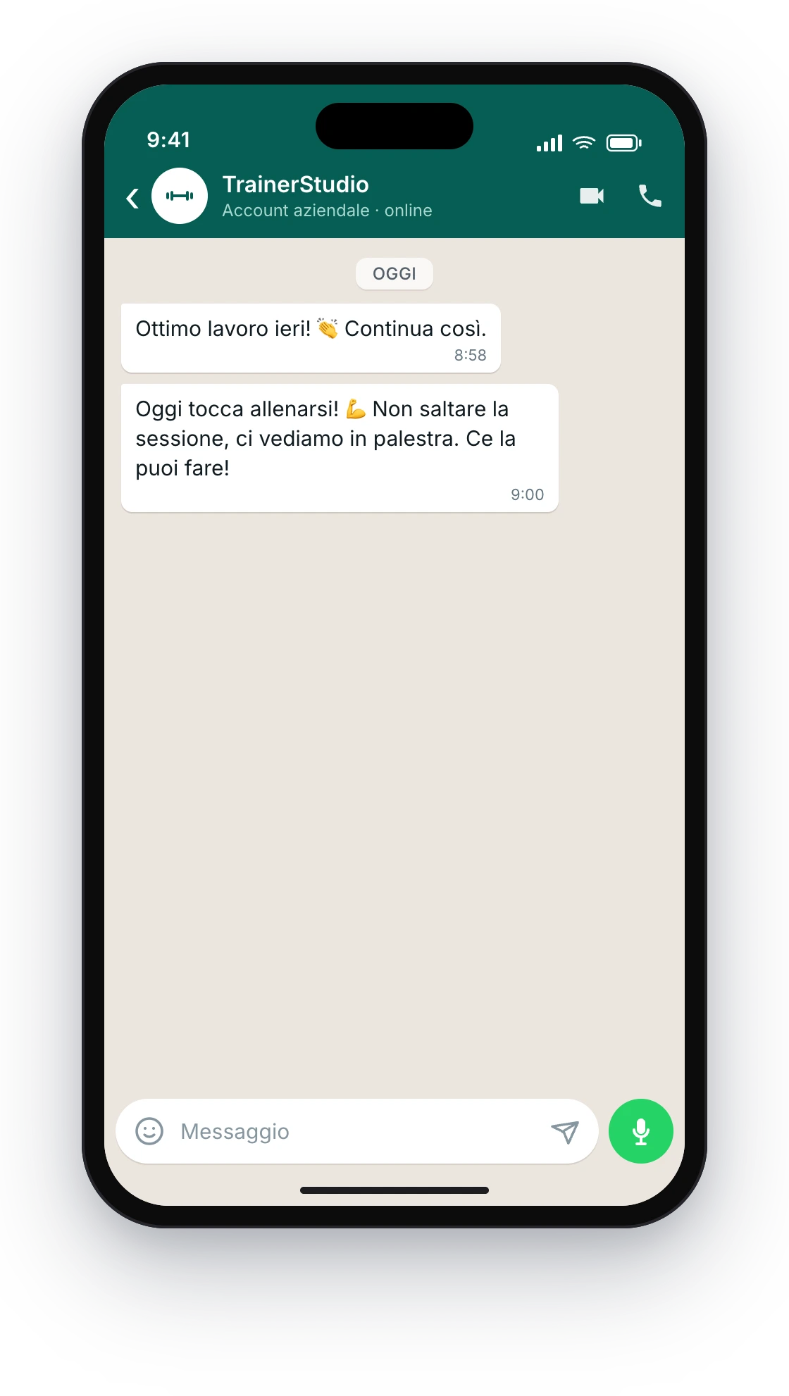 Chat WhatsApp sul cellulare del cliente con l'intestazione «TrainerStudio» e il messaggio di promemoria «Oggi tocca ad allenarti! 💪 Non saltare la tua sessione, ci vediamo in palestra. Tu puoi!»