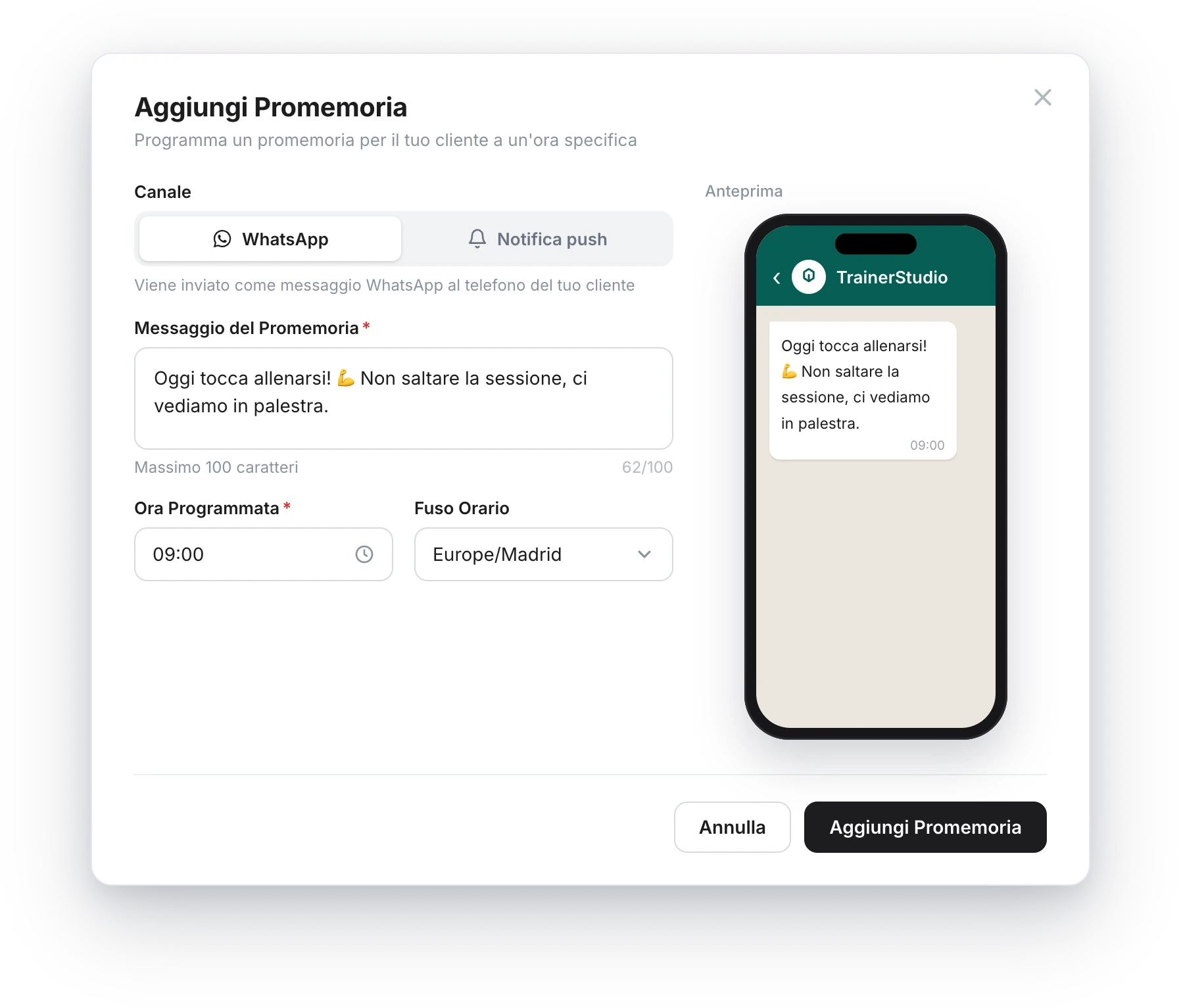 Finestra «Aggiungi promemoria»: selettore del canale WhatsApp, campo del messaggio, ora programmata 09:00 e fuso orario, con un'anteprima del WhatsApp a destra