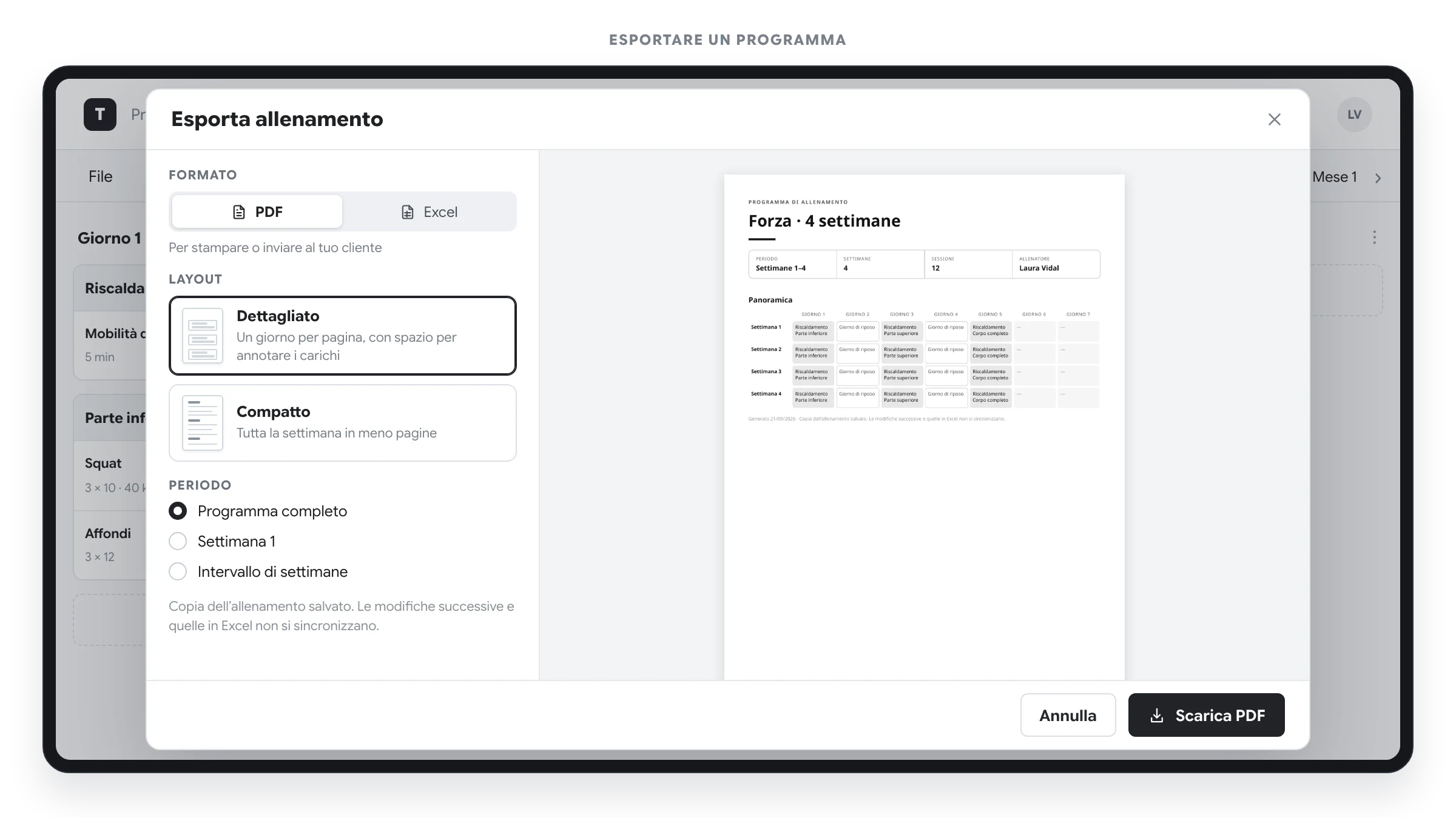 Finestra di esportazione di un programma con le opzioni di formato, layout e periodo a sinistra e l’anteprima del PDF a destra