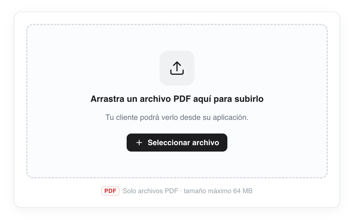 Zona para subir un PDF de nutrición: recuadro para arrastrar el archivo con el texto Arrastra un archivo PDF aquí para subirlo y la nota de que el cliente podrá verlo desde su app
