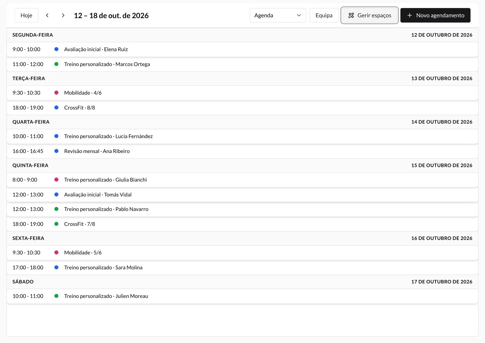 Calendário na vista Agenda com as marcações da semana numa lista cronológica