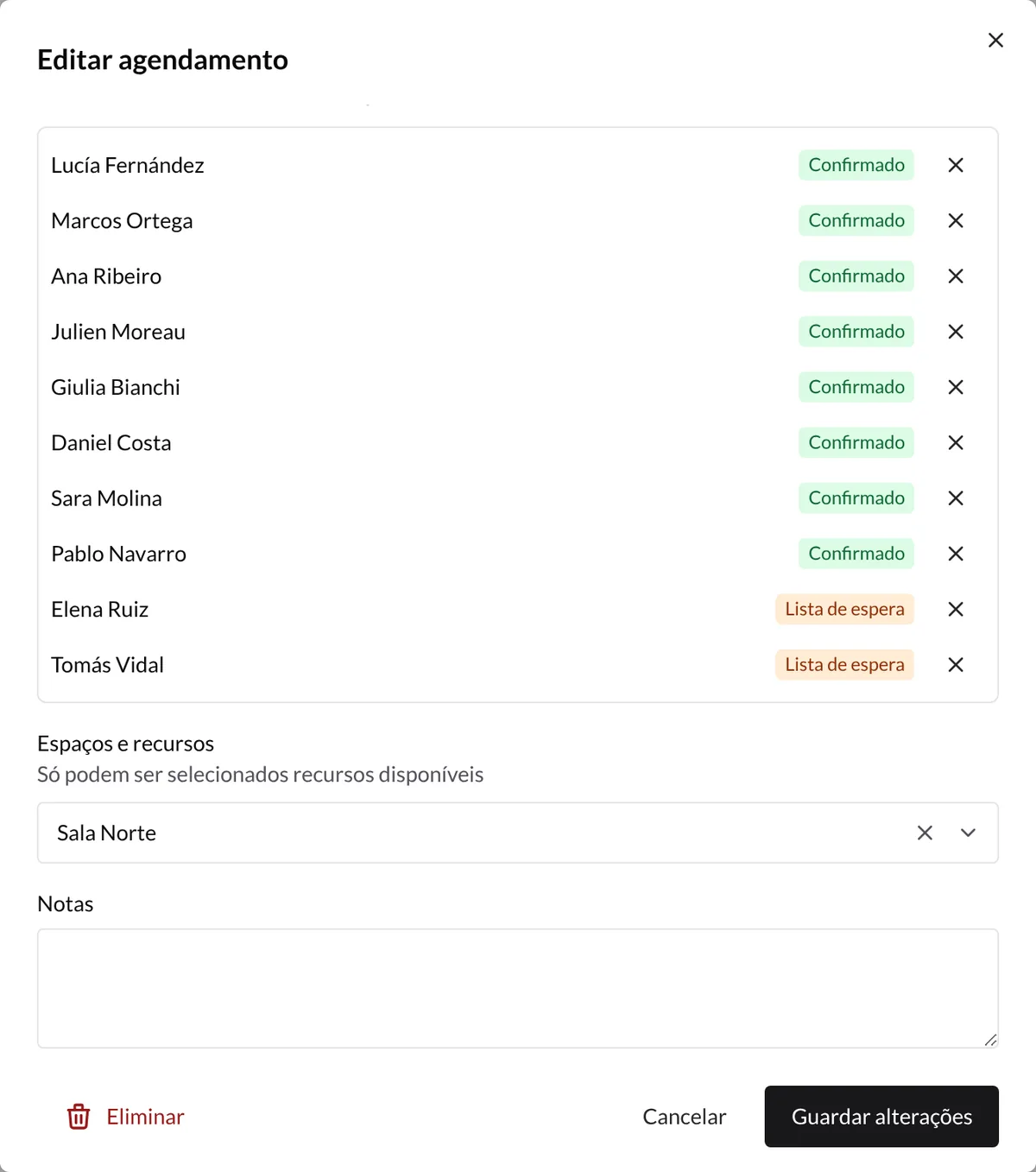 Aula de grupo de CrossFit com lotação de 8: oito participantes confirmados e dois em lista de espera