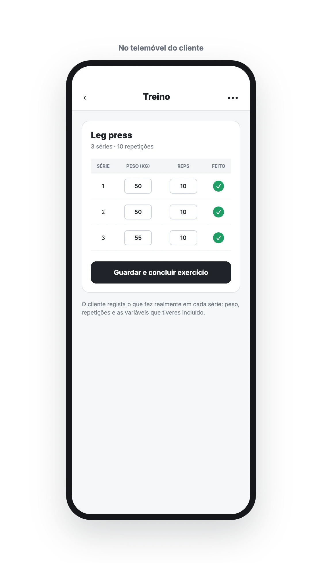 App do cliente com Leg press: três séries com 50, 50 e 55 kg, dez repetições e as séries marcadas como feitas
