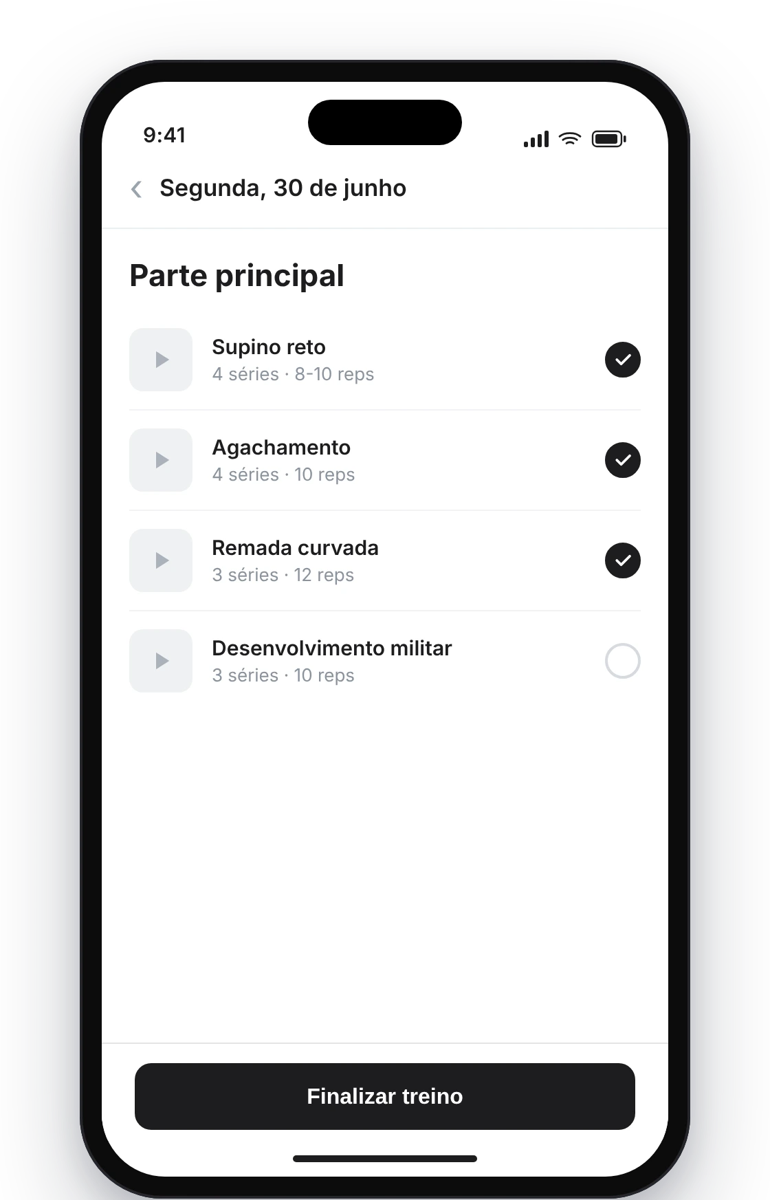 App do cliente: a lista de exercícios do dia com a barra inferior fixa «Finalizar treino»