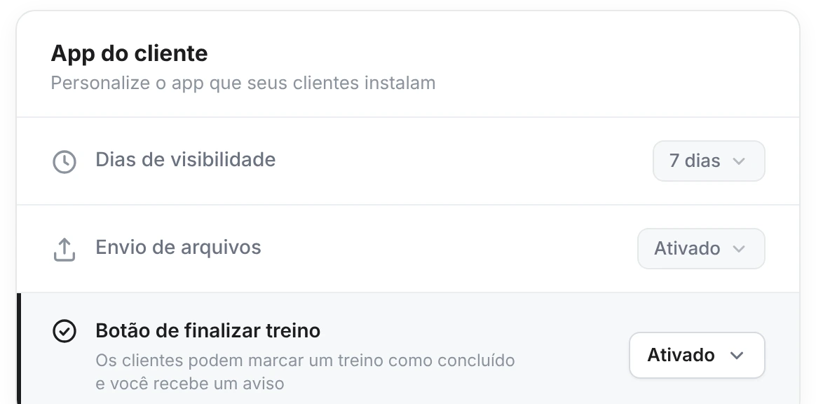 Configurações → App do cliente: a linha «Botão de finalizar treino» com um seletor em Ativado