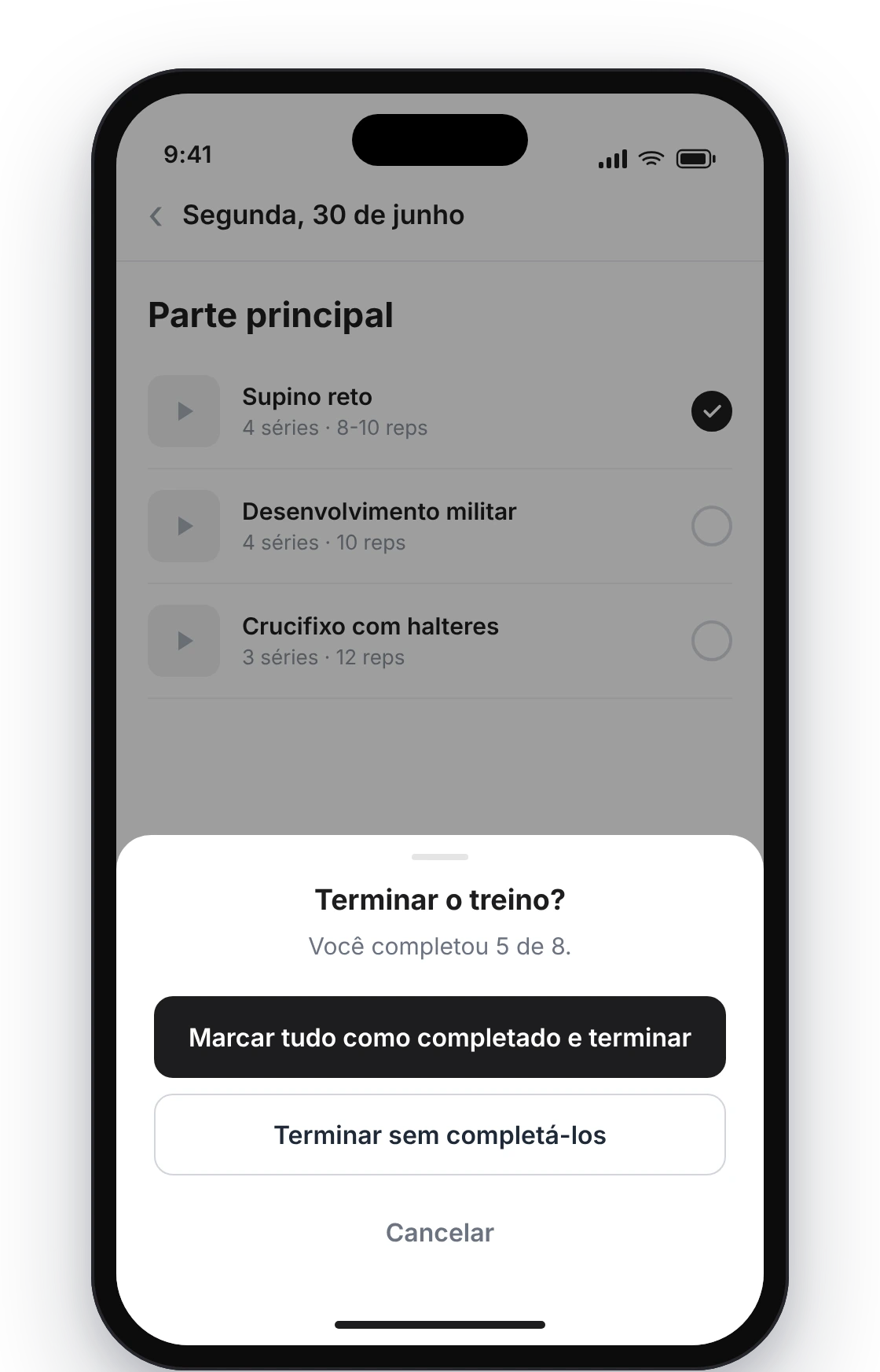 Folha inferior «Terminar o treino?» com «Você completou 5 de 8» e os botões «Marcar tudo como completado e terminar», «Terminar sem completá-los» e «Cancelar»