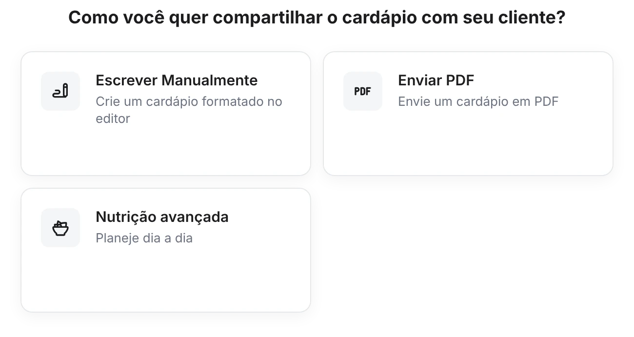 Seletor de modo de nutrição na ficha do cliente: três opções — Escrever Manualmente, Enviar PDF e Nutrição avançada