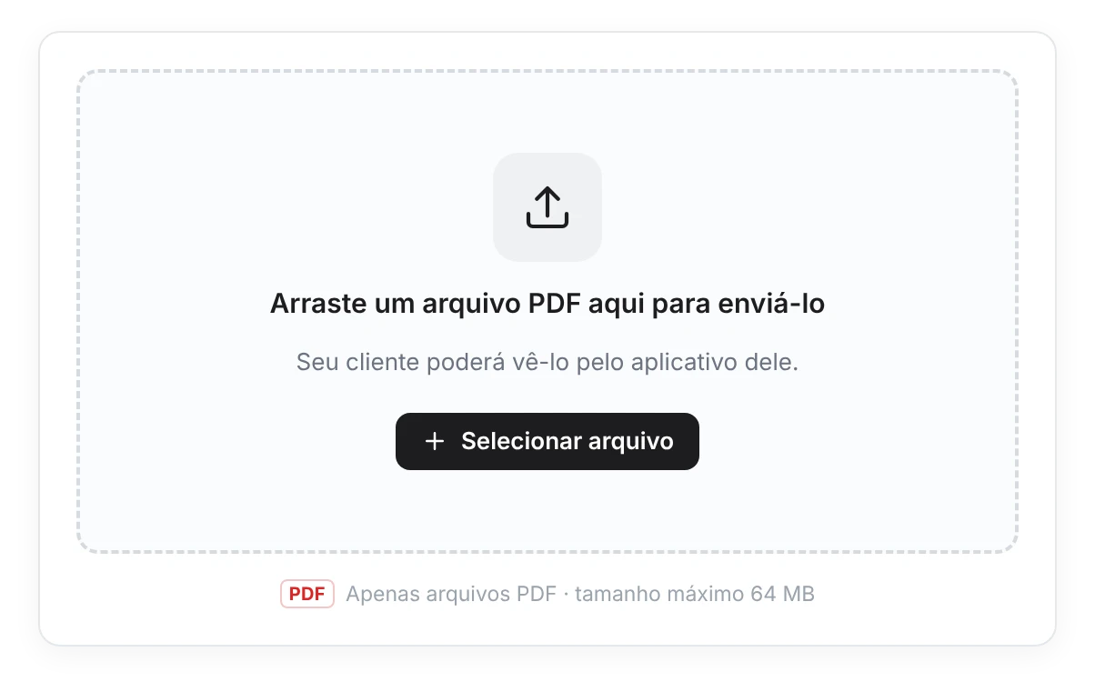 Área para enviar um PDF de nutrição: caixa para arrastar o arquivo com o texto Arraste um arquivo PDF aqui para enviá-lo e a nota de que o cliente poderá vê-lo pelo app dele