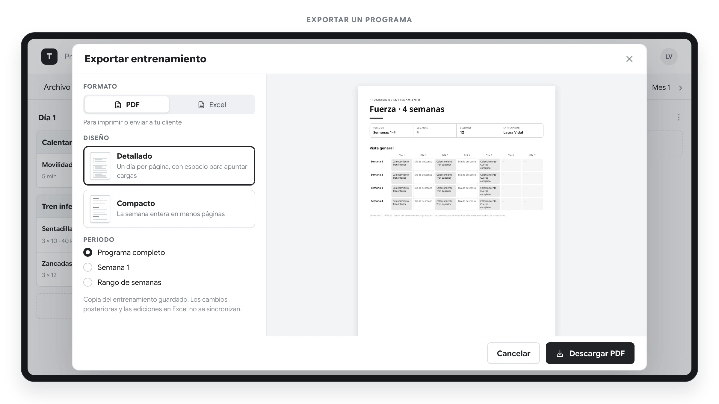 Diálogo para exportar un programa con las opciones de formato, diseño y periodo a la izquierda y la vista previa del PDF a la derecha